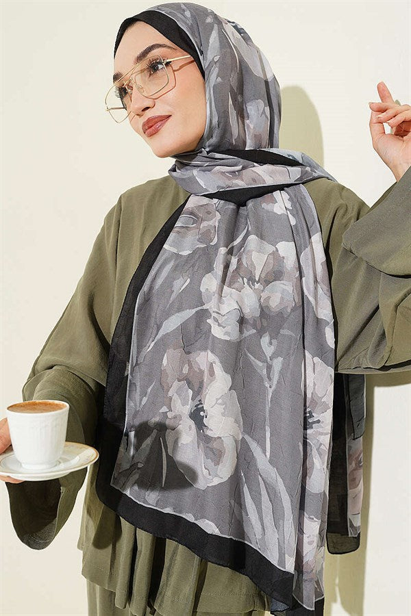 Large Floral Pattern Bamboo Crash Scarf Black Mink