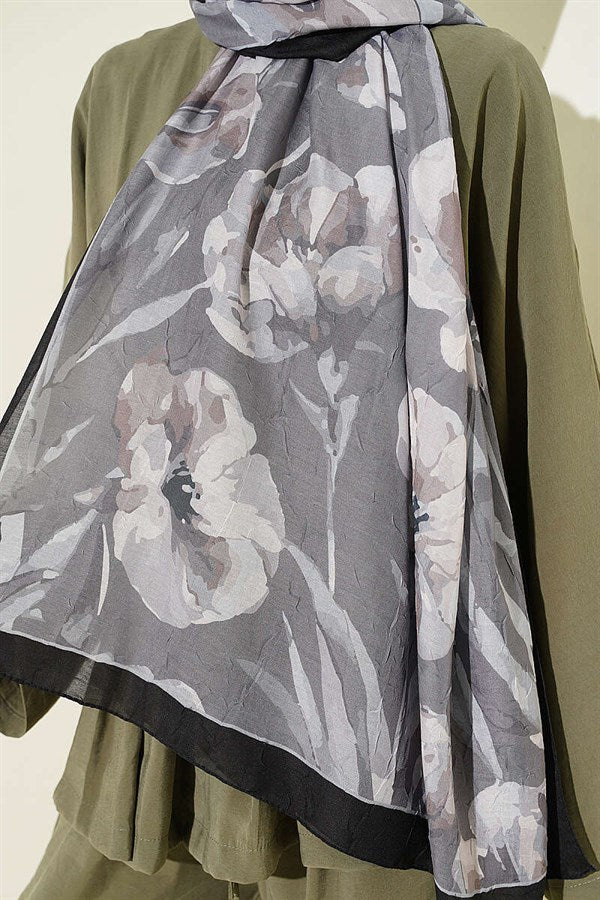 Large Floral Pattern Bamboo Crash Scarf Black Mink