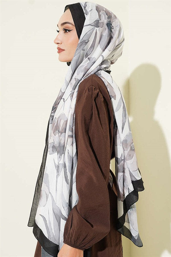 Large Floral Pattern Bamboo Crush Scarf Black
