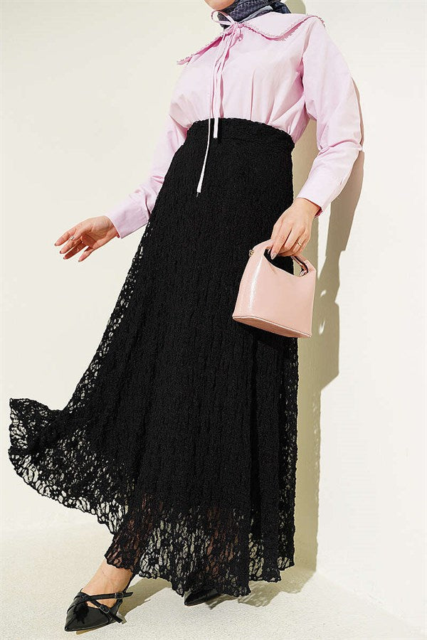 Black Gathered Lace Tulle Skirt