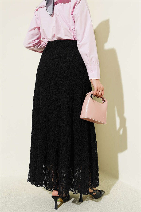 Black Gathered Lace Tulle Skirt