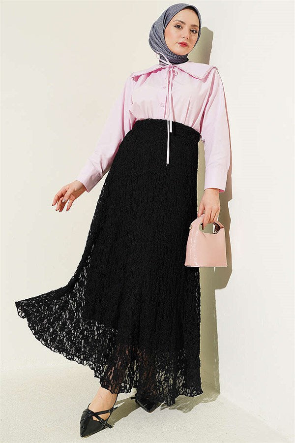 Black Gathered Lace Tulle Skirt