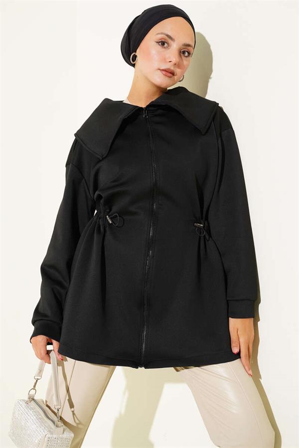 Zippered Coat with Gathered Detail, Black