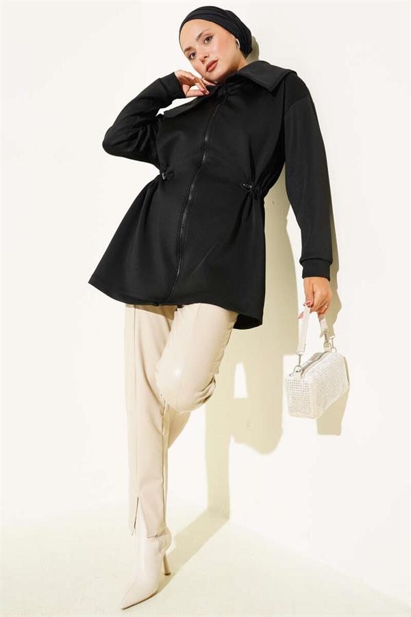 Zippered Coat with Gathered Detail, Black
