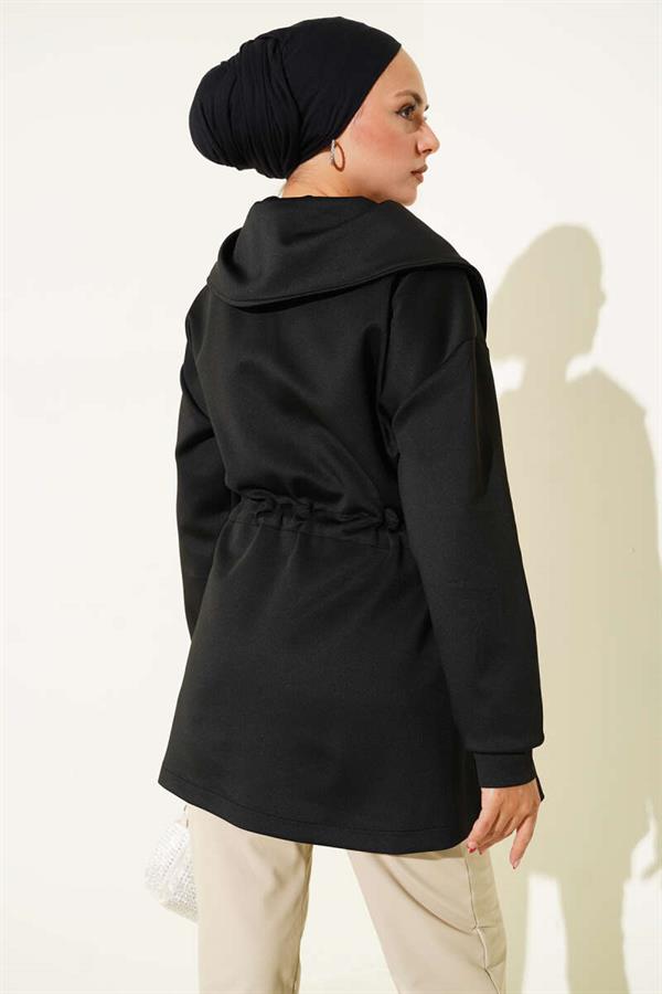 Zippered Coat with Gathered Detail, Black