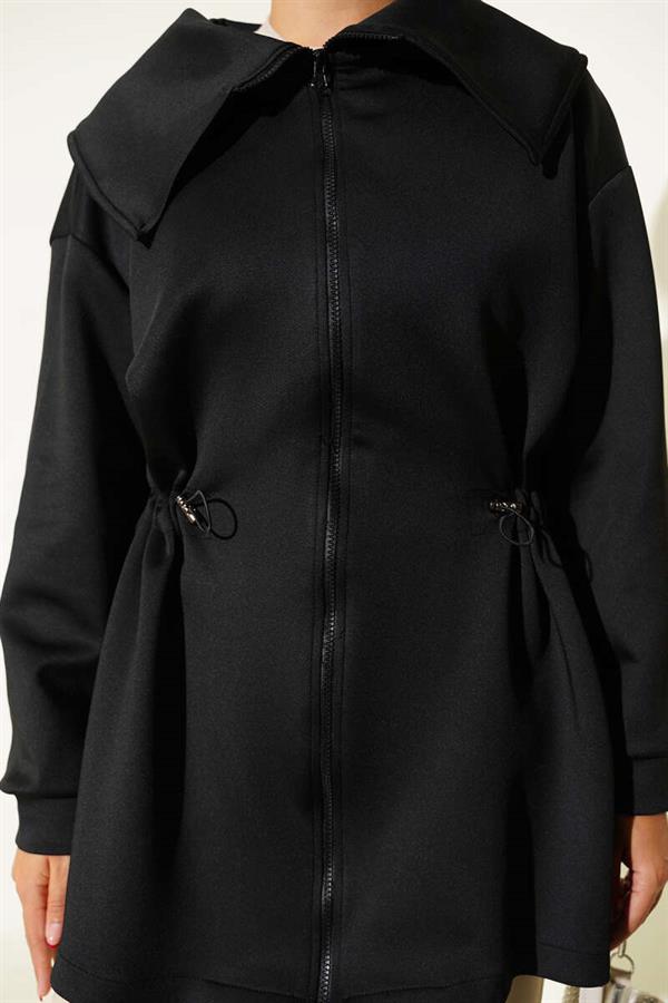 Zippered Coat with Gathered Detail, Black