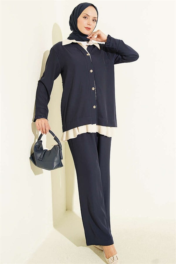 2 Piece Set with Gathered Detail, Navy Blue