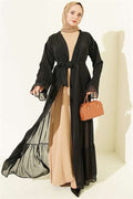 Layered Abaya Set with Gathered Detail, Beige