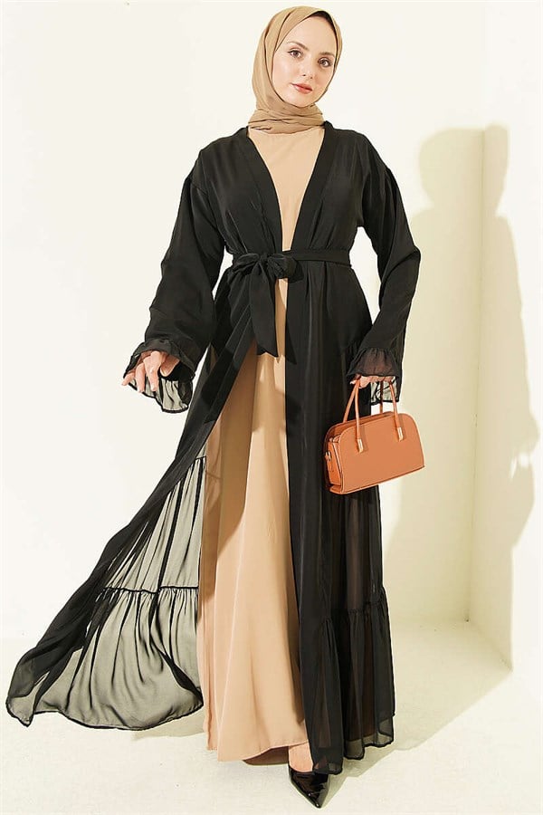 Layered Abaya Set with Gathered Detail, Beige
