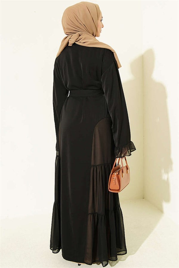 Layered Abaya Set with Gathered Detail, Beige