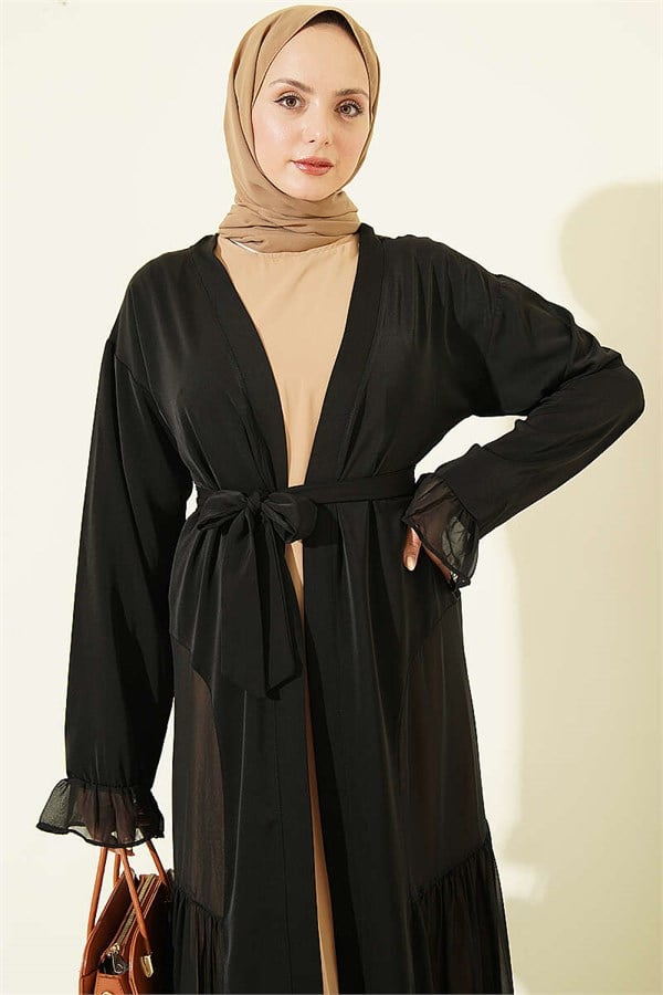 Layered Abaya Set with Gathered Detail, Beige