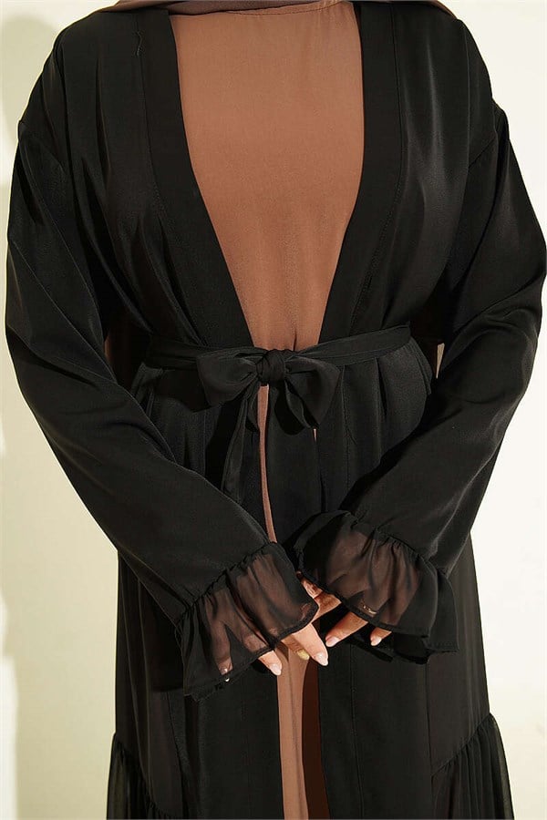 Latte Layered Abaya Set with Gathered Detail
