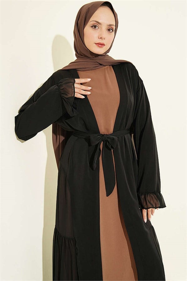 Latte Layered Abaya Set with Gathered Detail