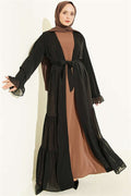 Latte Layered Abaya Set with Gathered Detail