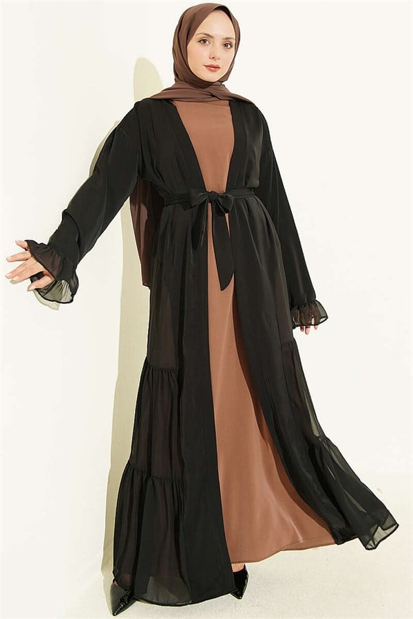 Latte Layered Abaya Set with Gathered Detail