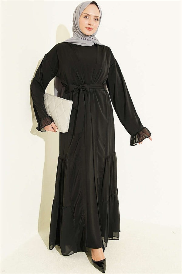 Gathered Detail Layered Abaya Set Black