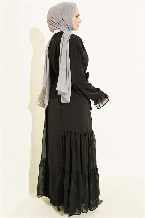 Gathered Detail Layered Abaya Set Black