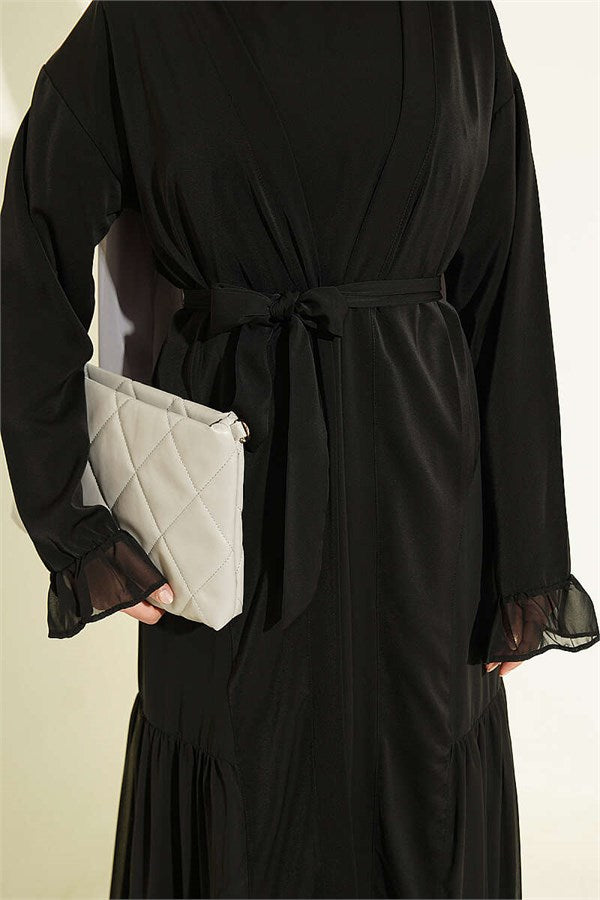 Gathered Detail Layered Abaya Set Black