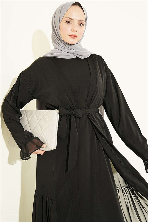 Gathered Detail Layered Abaya Set Black
