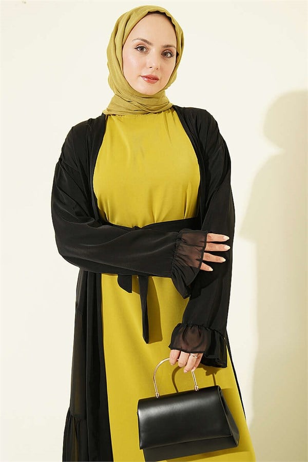 Gathered Detail Layered Abaya Set Olive Green