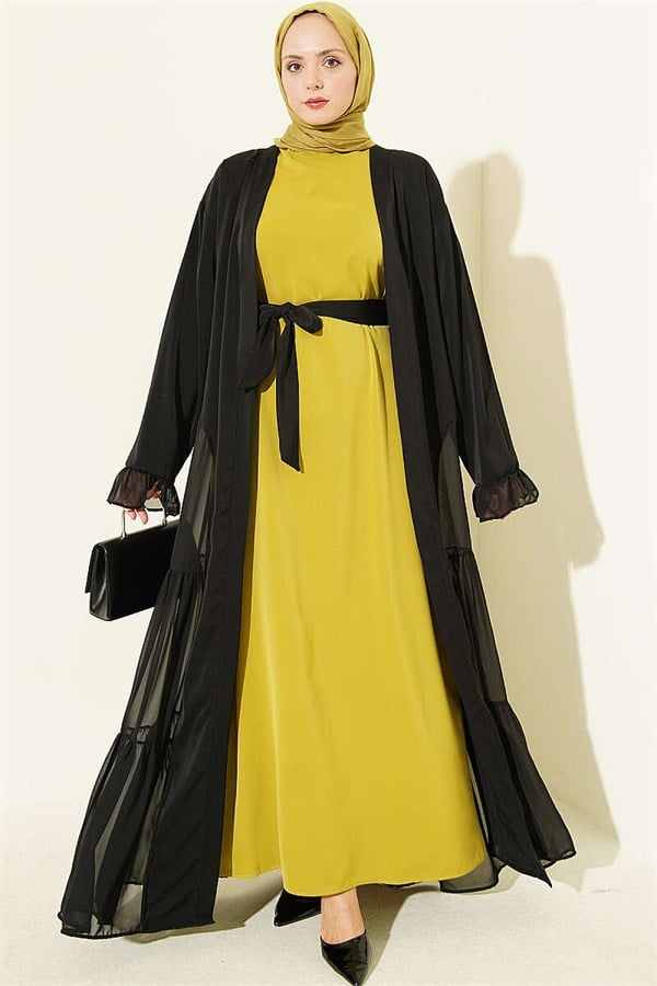 Gathered Detail Layered Abaya Set Olive Green