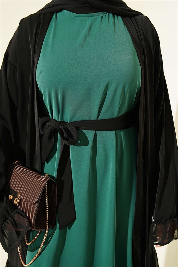 Gathered Detail Layered Abaya Set Emerald