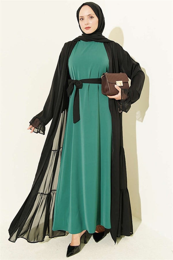 Gathered Detail Layered Abaya Set Emerald