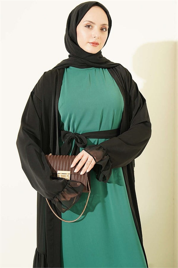 Gathered Detail Layered Abaya Set Emerald
