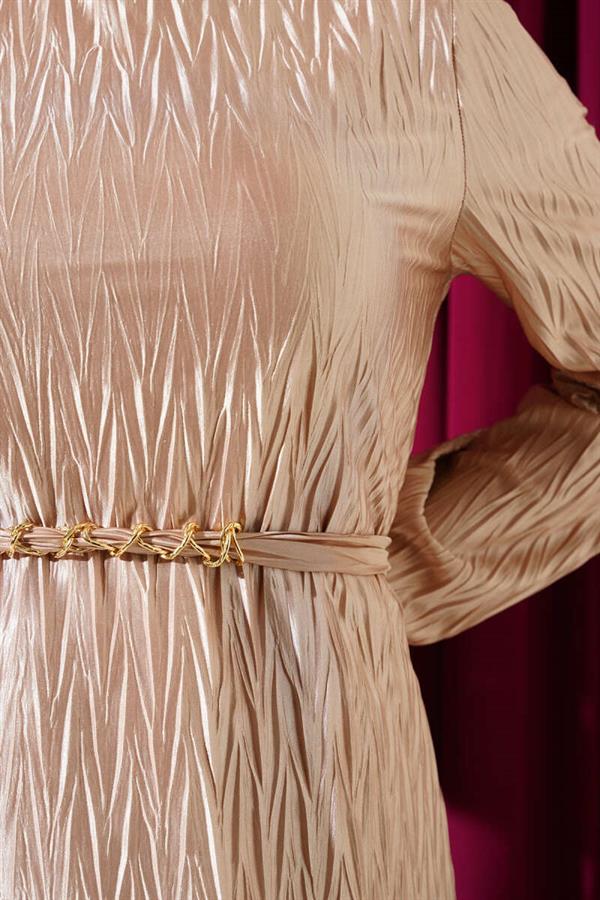Pleated Gathered Belted Dress Beige