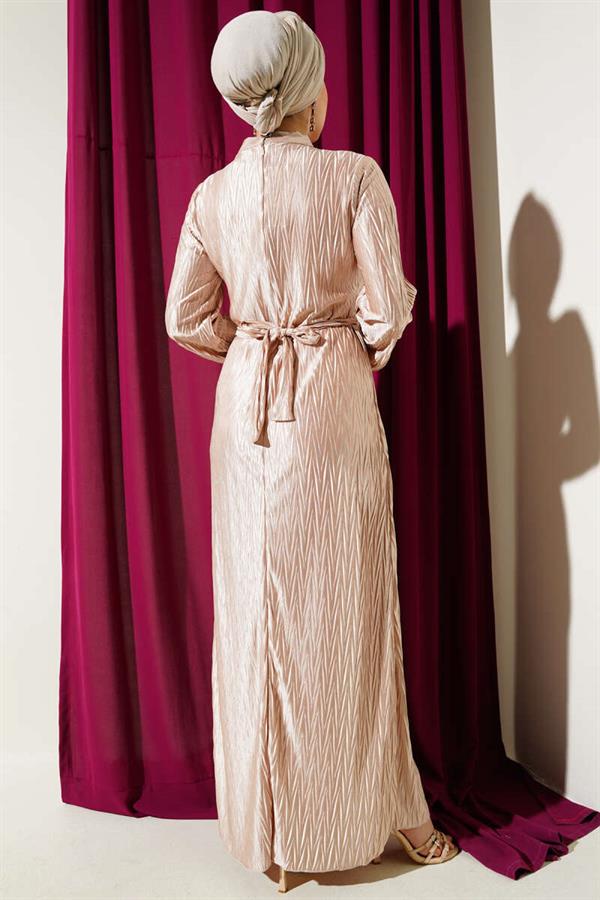 Pleated Gathered Belted Dress Beige