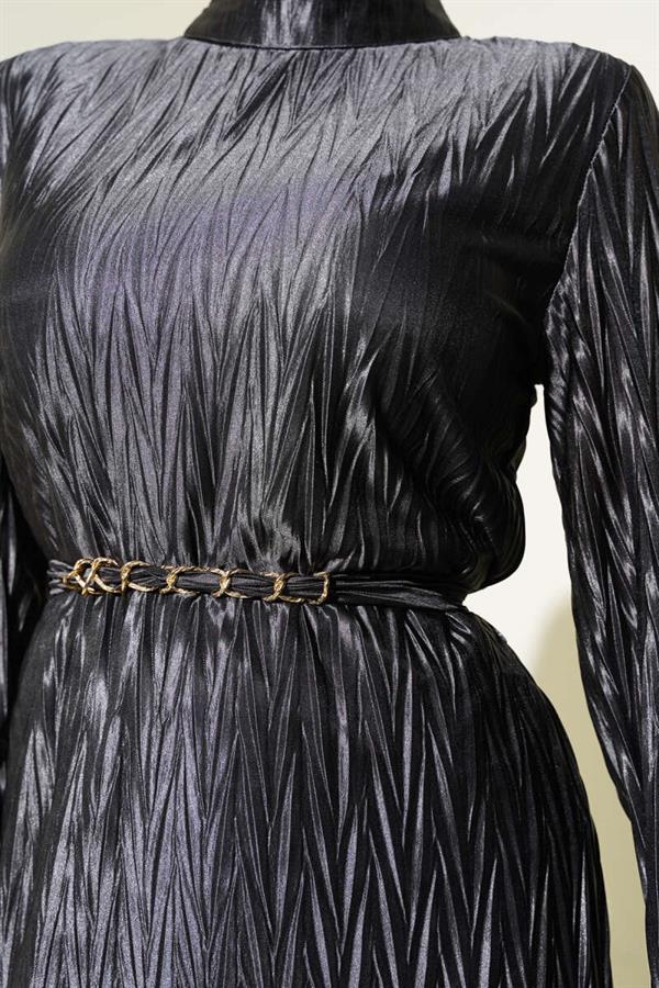 Pleated Gathered Belted Dress in Smoke
