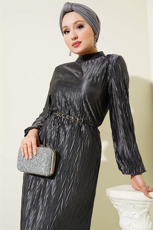 Pleated Gathered Belted Dress in Smoke