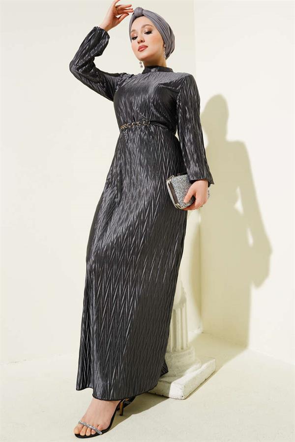 Pleated Gathered Belted Dress in Smoke