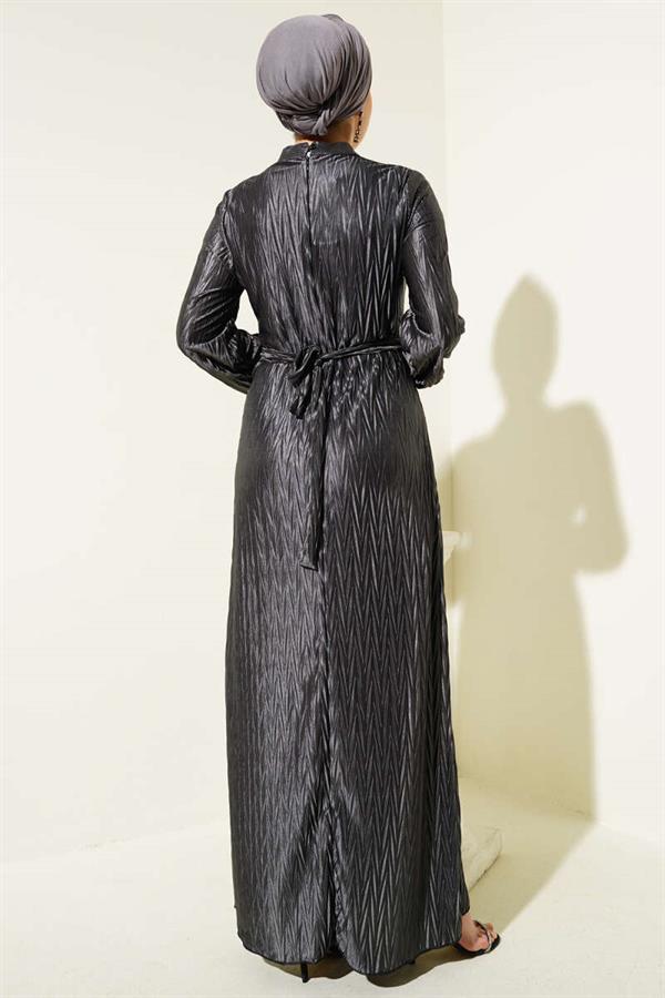Pleated Gathered Belted Dress in Smoke