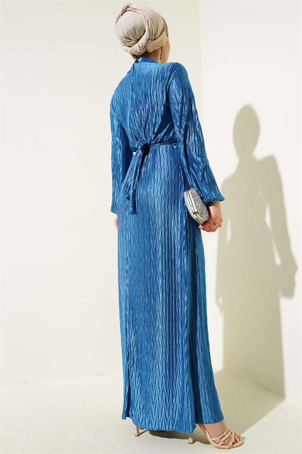 Pleated Gathered Belted Dress Indigo
