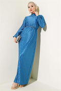 Pleated Gathered Belted Dress Indigo