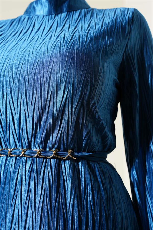 Pleated Gathered Belted Dress Indigo