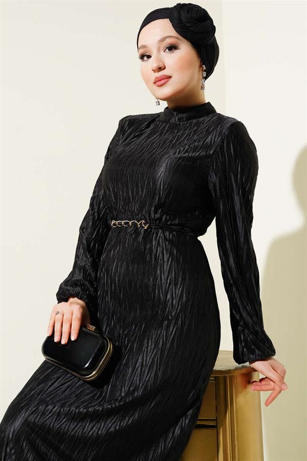 Pleated Gathered Belted Dress Black
