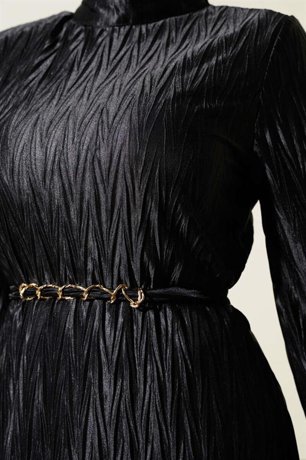 Pleated Gathered Belted Dress Black