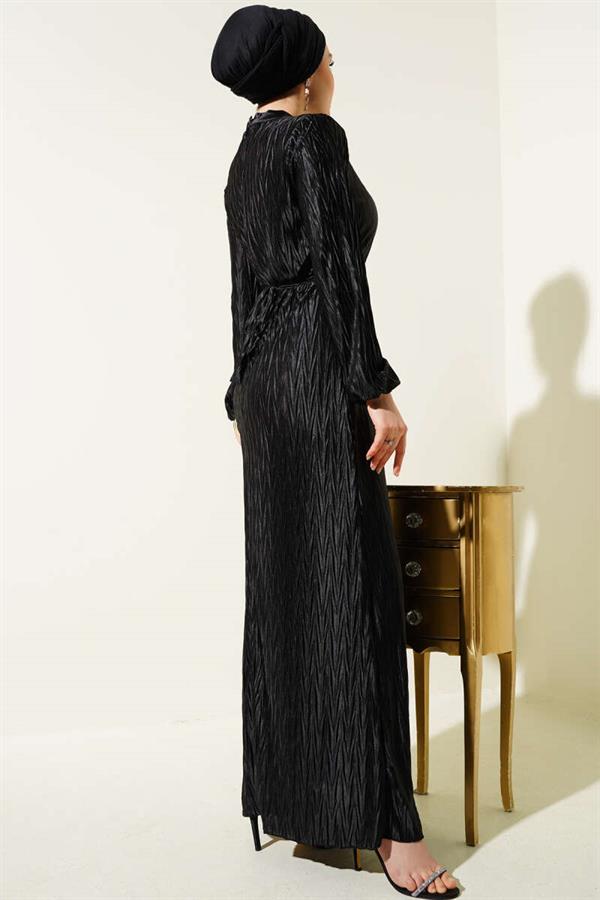 Pleated Gathered Belted Dress Black