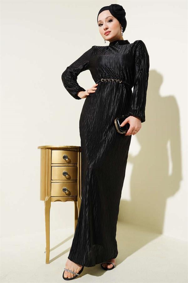 Pleated Gathered Belted Dress Black