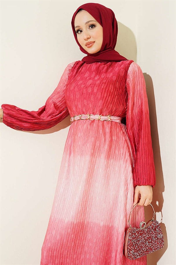 Gathered Pleated Belted Dress Coral