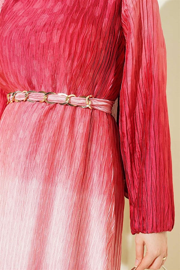 Gathered Pleated Belted Dress Coral
