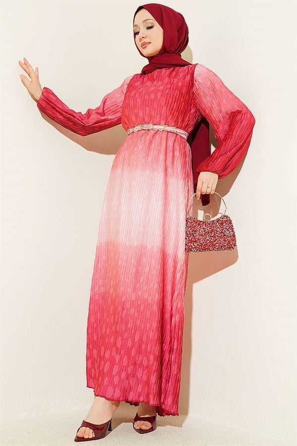 Gathered Pleated Belted Dress Coral