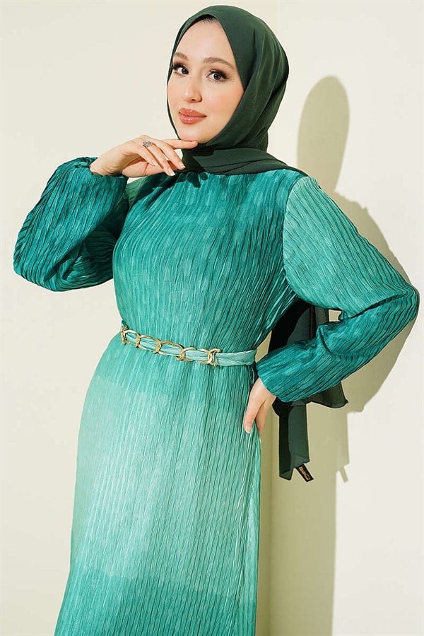 Gathered Pleated Belted Dress Green