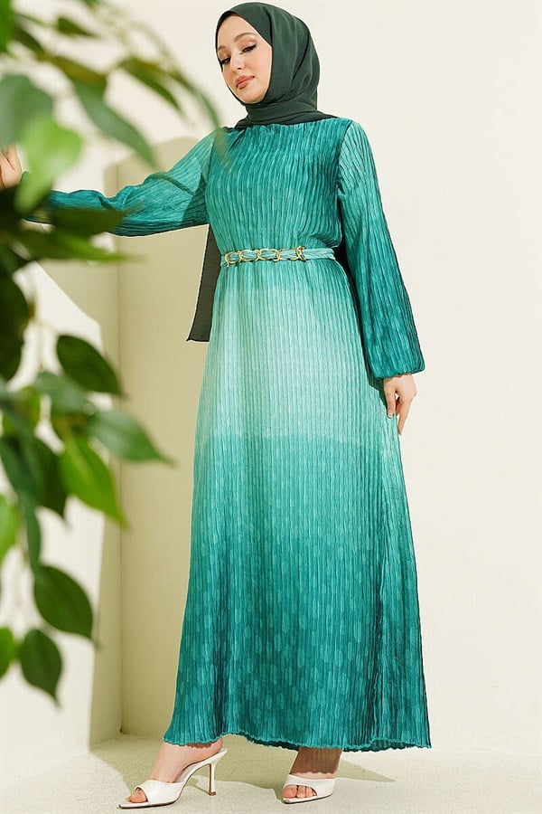 Gathered Pleated Belted Dress Green