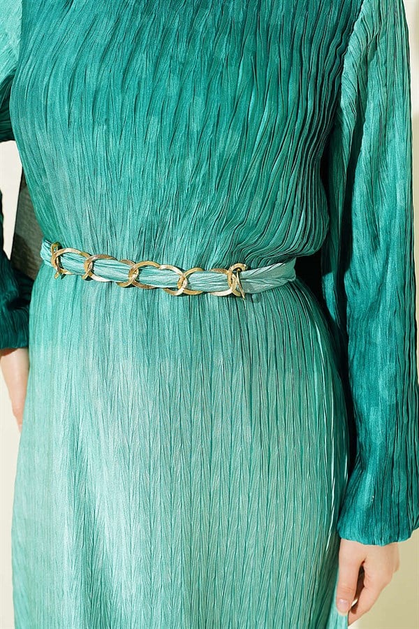 Gathered Pleated Belted Dress Green
