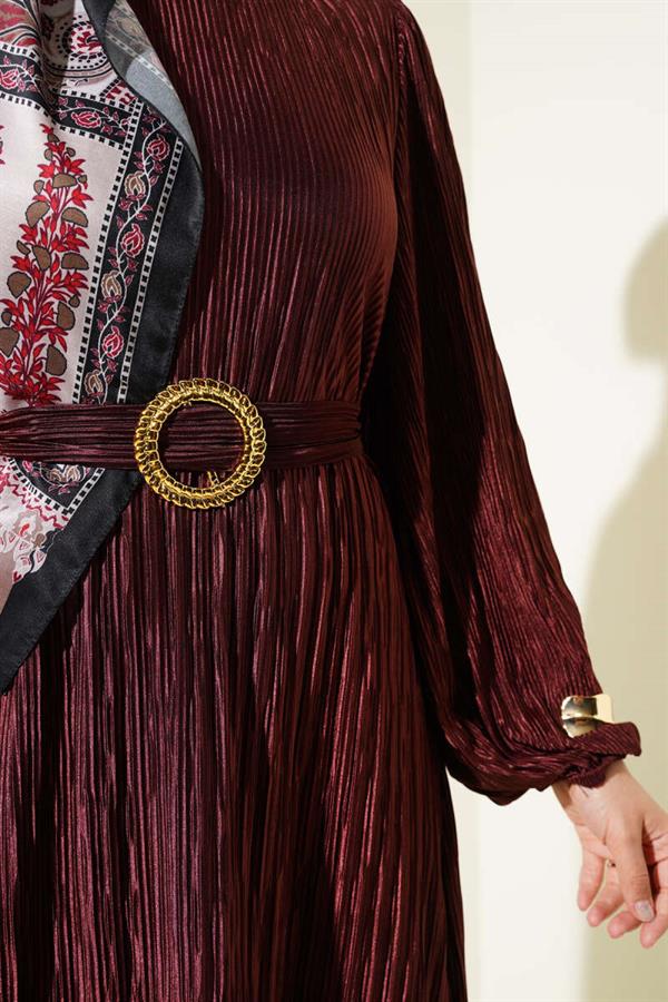 Pleated Satin Look Dress Burgundy