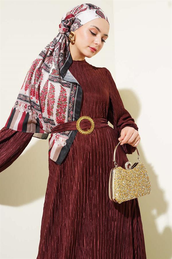 Pleated Satin Look Dress Burgundy