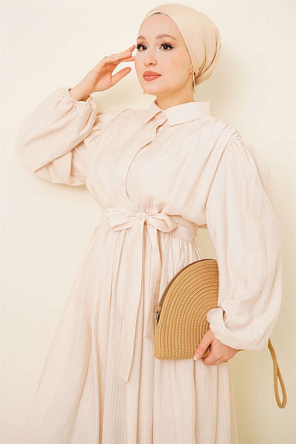 Beige Dress with Gathered Ankles and Elastic Waistband